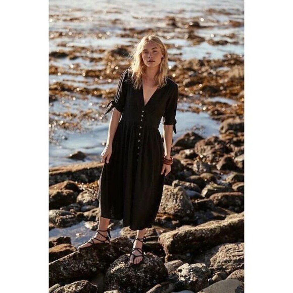 Free People Love Of My Life Black Button-Down Midi Dress
